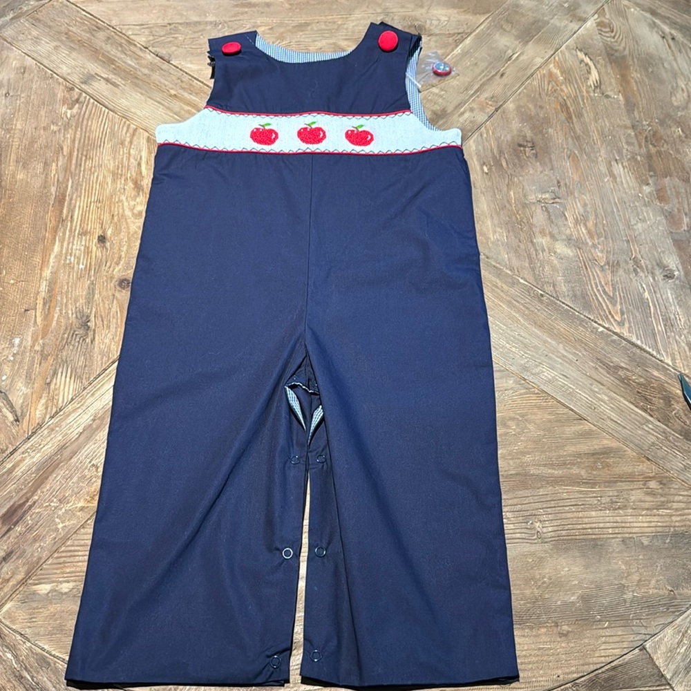Zuccini Navy Apple Smocked Overalls Size 3T